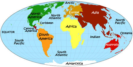 Map of continents and continent codes.